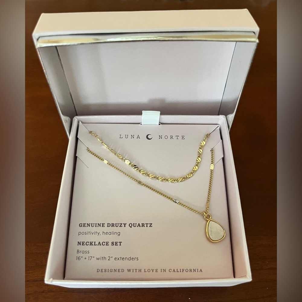 Gold Druzy Quartz Teardrop Necklace Set by Luna Norte NWT - Picture 2 of 3